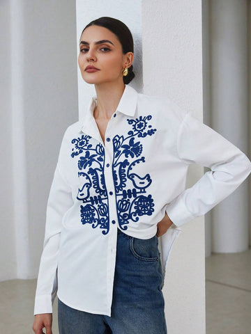 Modichic Women's Autumn Casual Contrast Color Embroidery Long Sleeve Shirt, Blouse