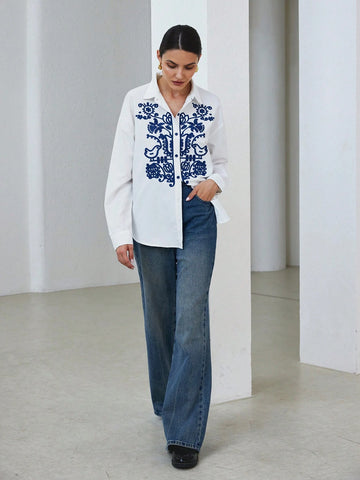 Modichic Women's Autumn Casual Contrast Color Embroidery Long Sleeve Shirt, Blouse