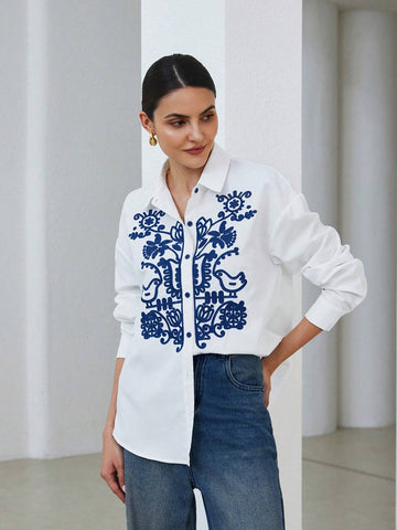 Modichic Women's Autumn Casual Contrast Color Embroidery Long Sleeve Shirt, Blouse