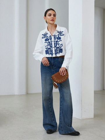 Modichic Women's Autumn Casual Contrast Color Embroidery Long Sleeve Shirt, Blouse