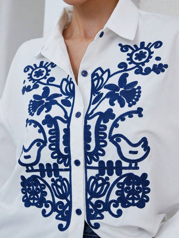 Modichic Women's Autumn Casual Contrast Color Embroidery Long Sleeve Shirt, Blouse