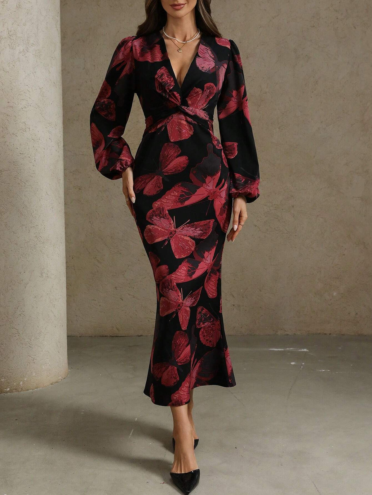 Women's Elegant Butterfly Print V-Neck Twist Waist Dress, Autumn