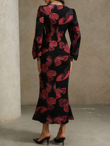 Women's Elegant Butterfly Print V-Neck Twist Waist Dress, Autumn