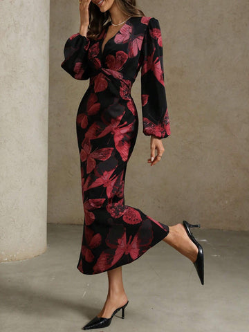 Women's Elegant Butterfly Print V-Neck Twist Waist Dress, Autumn