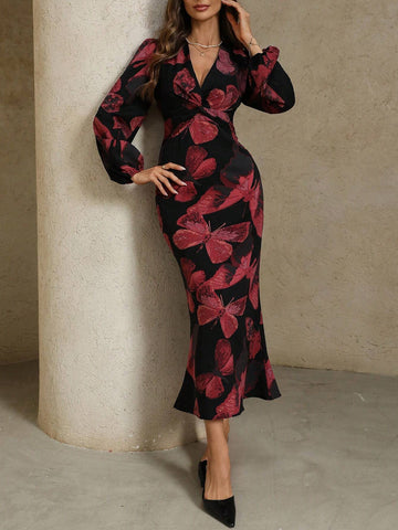 Women's Elegant Butterfly Print V-Neck Twist Waist Dress, Autumn