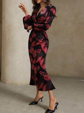 Women's Elegant Butterfly Print V-Neck Twist Waist Dress, Autumn