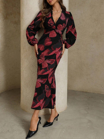 Women's Elegant Butterfly Print V-Neck Twist Waist Dress, Autumn