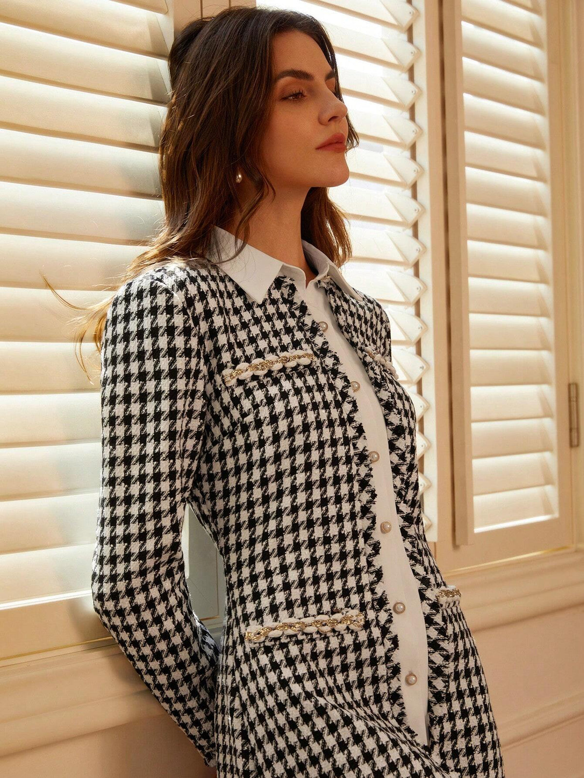 Women's Elegant Houndstooth Patchwork Design Long Dress, Business Formal Dress