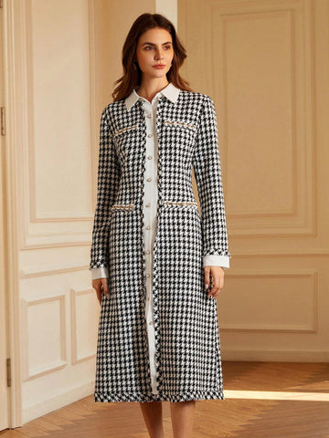 Women's Elegant Houndstooth Patchwork Design Long Dress, Business Formal Dress
