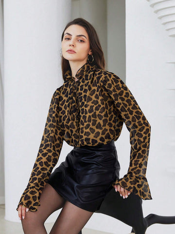 Modichic Women's Elegant Ruffle Collar Tie-Front Flare Sleeve Random Leopard Print Long Sleeve Blouse, Autumn