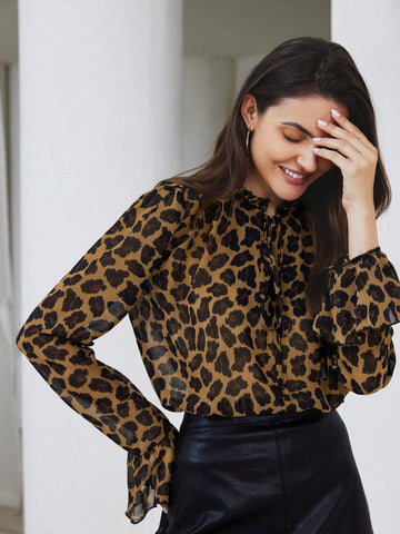 Modichic Women's Elegant Ruffle Collar Tie-Front Flare Sleeve Random Leopard Print Long Sleeve Blouse, Autumn