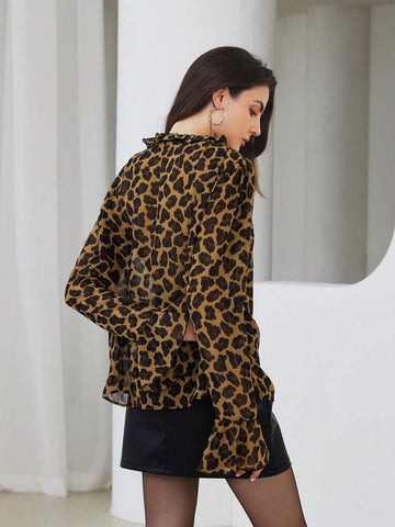 Modichic Women's Elegant Ruffle Collar Tie-Front Flare Sleeve Random Leopard Print Long Sleeve Blouse, Autumn