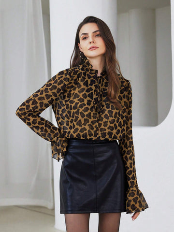 Modichic Women's Elegant Ruffle Collar Tie-Front Flare Sleeve Random Leopard Print Long Sleeve Blouse, Autumn