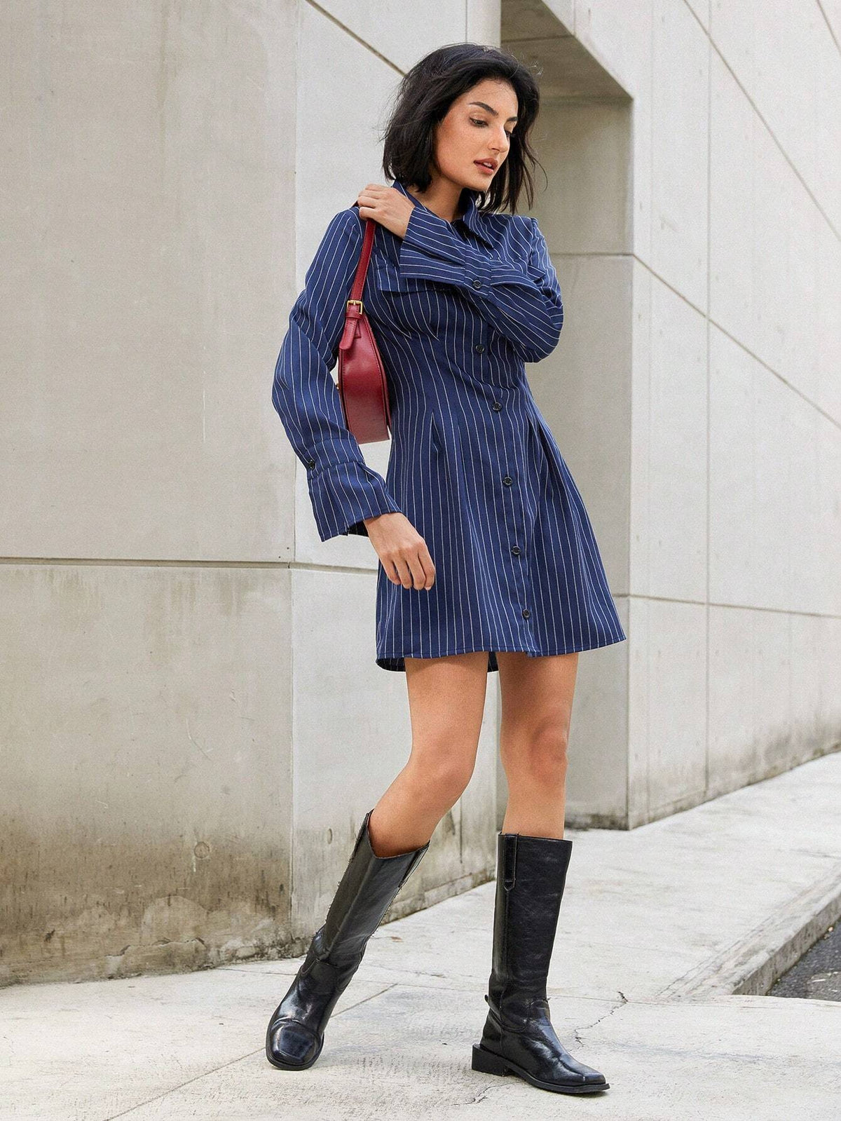 Women's Fashion Woven Striped Shirt Style V-Neck Flare Sleeve Slim Fit Short Dress