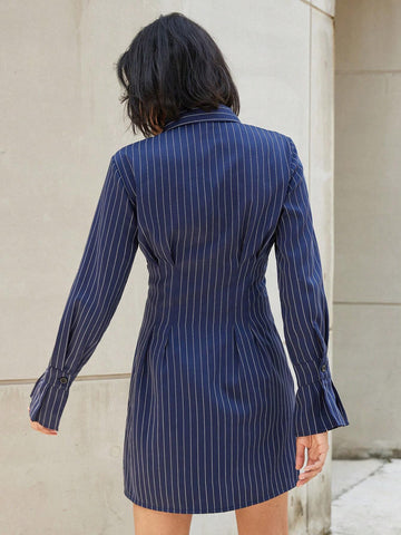 Women's Fashion Woven Striped Shirt Style V-Neck Flare Sleeve Slim Fit Short Dress