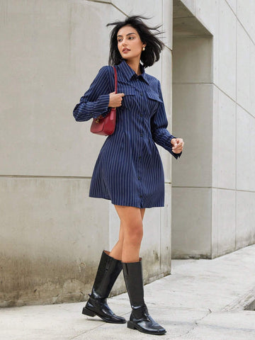 Women's Fashion Woven Striped Shirt Style V-Neck Flare Sleeve Slim Fit Short Dress