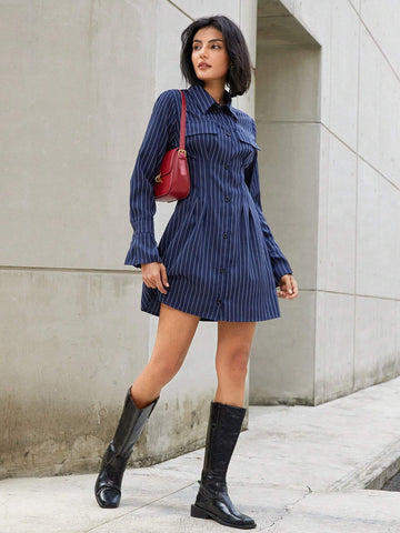 Women's Fashion Woven Striped Shirt Style V-Neck Flare Sleeve Slim Fit Short Dress