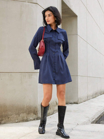 Women's Fashion Woven Striped Shirt Style V-Neck Flare Sleeve Slim Fit Short Dress