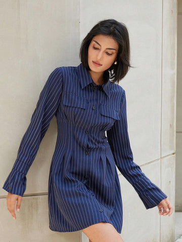 Women's Fashion Woven Striped Shirt Style V-Neck Flare Sleeve Slim Fit Short Dress