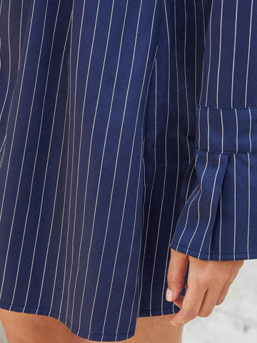 Women's Fashion Woven Striped Shirt Style V-Neck Flare Sleeve Slim Fit Short Dress