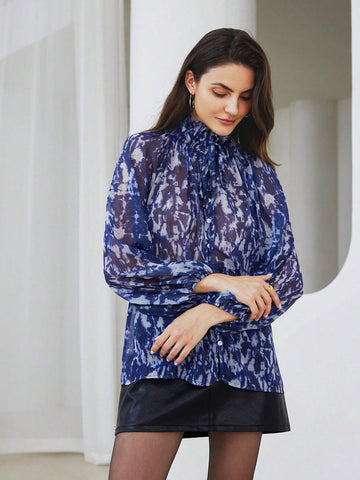 Modichic Women's Long Sleeve Frill Trim Stand Collar Random Print Elegant Blouse