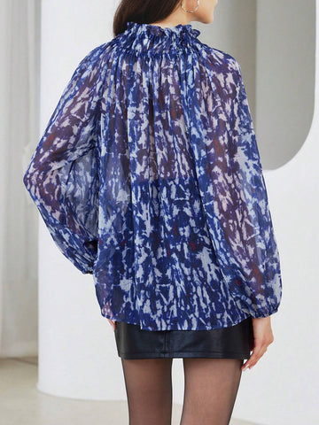 Modichic Women's Long Sleeve Frill Trim Stand Collar Random Print Elegant Blouse