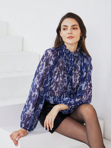 Modichic Women's Long Sleeve Frill Trim Stand Collar Random Print Elegant Blouse