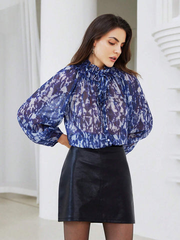 Modichic Women's Long Sleeve Frill Trim Stand Collar Random Print Elegant Blouse