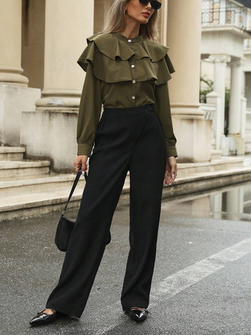 Modichic Women's Long Sleeve Solid Color Double Ruffle Collar Button Blouse