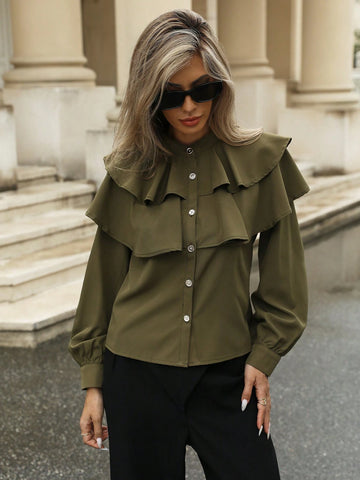 Modichic Women's Long Sleeve Solid Color Double Ruffle Collar Button Blouse