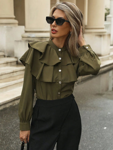 Modichic Women's Long Sleeve Solid Color Double Ruffle Collar Button Blouse