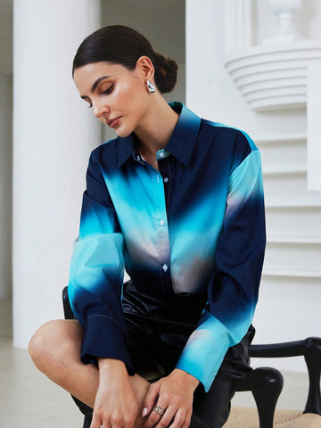 Modichic Women's Spring Summer Tie-Dye Tie Dye Print Button Up Long Sleeve Loose Shirt