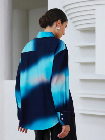 Modichic Women's Spring Summer Tie-Dye Tie Dye Print Button Up Long Sleeve Loose Shirt