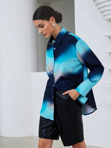 Modichic Women's Spring Summer Tie-Dye Tie Dye Print Button Up Long Sleeve Loose Shirt