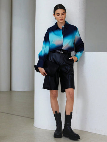 Modichic Women's Spring Summer Tie-Dye Tie Dye Print Button Up Long Sleeve Loose Shirt