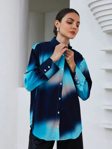 Modichic Women's Spring Summer Tie-Dye Tie Dye Print Button Up Long Sleeve Loose Shirt