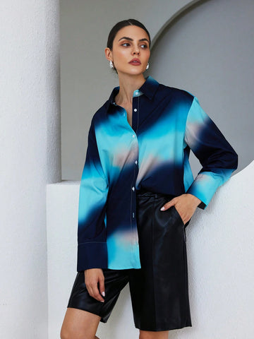 Modichic Women's Spring Summer Tie-Dye Tie Dye Print Button Up Long Sleeve Loose Shirt