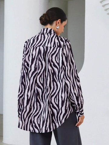 Modichic Zebra Print Long Sleeve Loose Button Down Shirt