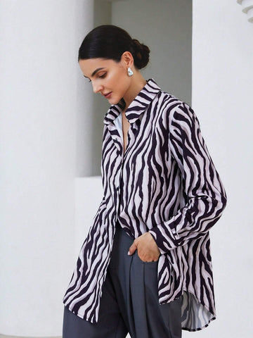 Modichic Zebra Print Long Sleeve Loose Button Down Shirt
