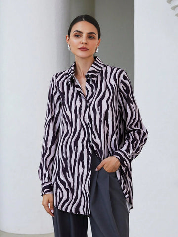 Modichic Zebra Print Long Sleeve Loose Button Down Shirt