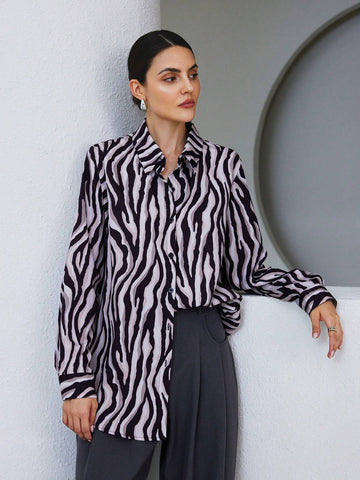 Modichic Zebra Print Long Sleeve Loose Button Down Shirt