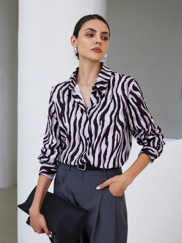 Modichic Zebra Print Long Sleeve Loose Button Down Shirt