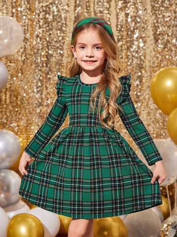 Mommy And Me Autumn/Winter Knitted Cap Sleeve Plaid Dress, Girls Casual Everyday Outfits