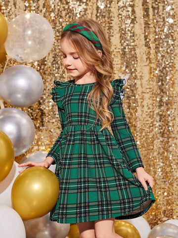 Mommy And Me Autumn/Winter Knitted Cap Sleeve Plaid Dress, Girls Casual Everyday Outfits