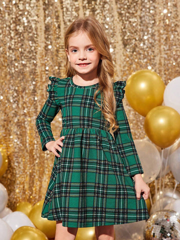 Mommy And Me Autumn/Winter Knitted Cap Sleeve Plaid Dress, Girls Casual Everyday Outfits