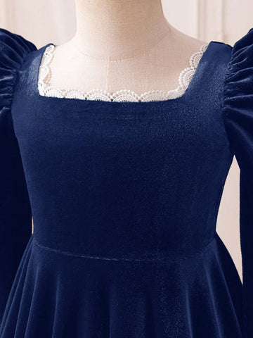 Mommy And Me Autumn/Winter Ruffle Velvet Gigot Sleeve Dress For Young Girls And Toddler Girls, Suitable For Casual Daily Wear Or Family Gatherings