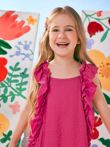 Mommy And Me Matching Outfits (2 Pieces Sold Separately)  Solid Color Pink Sleeveless Ruffle Hem Maxi Dress Summer Holidays, Beach Picnics, Ankle-Length Toddler Girls Family Outings, Casual Occasions, And Mother-Daughter Outfit Fun Activities With Mom.