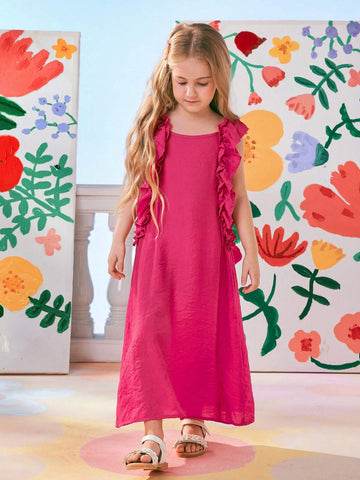 Mommy And Me Matching Outfits (2 Pieces Sold Separately)  Solid Color Pink Sleeveless Ruffle Hem Maxi Dress Summer Holidays, Beach Picnics, Ankle-Length Toddler Girls Family Outings, Casual Occasions, And Mother-Daughter Outfit Fun Activities With Mom.
