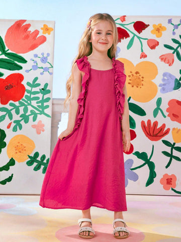 Mommy And Me Matching Outfits (2 Pieces Sold Separately)  Solid Color Pink Sleeveless Ruffle Hem Maxi Dress Summer Holidays, Beach Picnics, Ankle-Length Toddler Girls Family Outings, Casual Occasions, And Mother-Daughter Outfit Fun Activities With Mom.