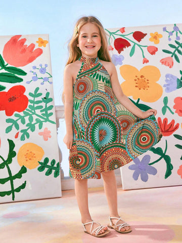 Mommy And Me Matching Outfits (2 Pieces Sold Separately) - Woven, Vacation Beach, Cool And Breathable, Fashionable Floral Patterned Strappy Dress For Young Girls, Knee-Length, Suitable For Summer, Casual Wear, And Mother-Daughter Matching.